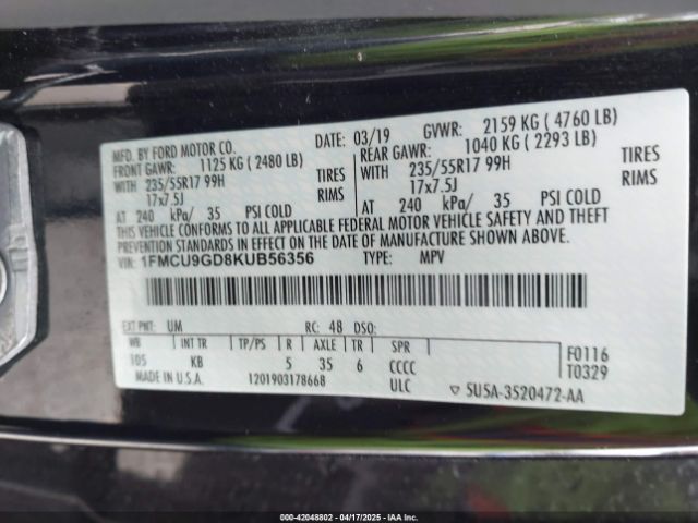 1FMCU9GD8KUB56356 Ford ESCAPE SE