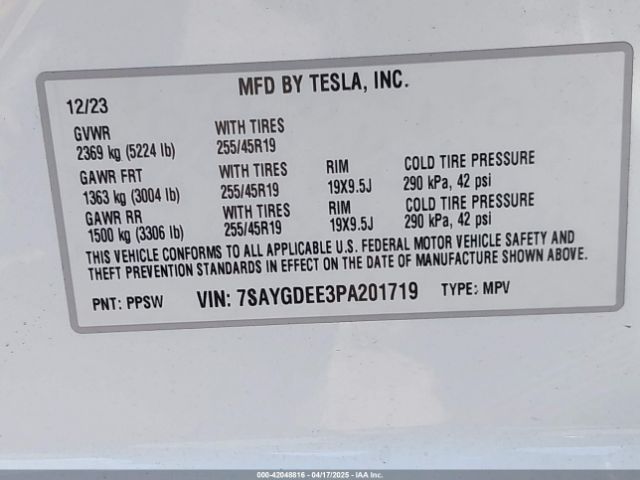 7SAYGDEE3PA201719 Tesla Model Y Awd/long Range Dual Motor All-wheel Drive