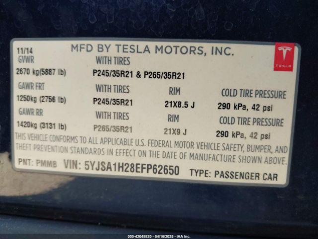 2014 TESLA MODEL S 5YJSA1H28EFP62650 Photo 8