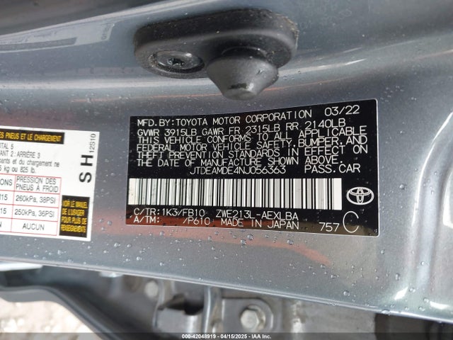 JTDEAMDE4NJ056363 Toyota Corolla Hybrid Le