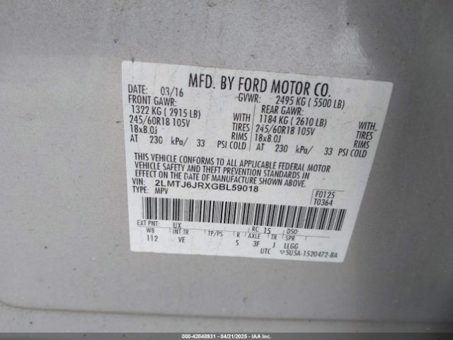 2LMTJ6JRXGBL59018 Lincoln Mkx Premiere