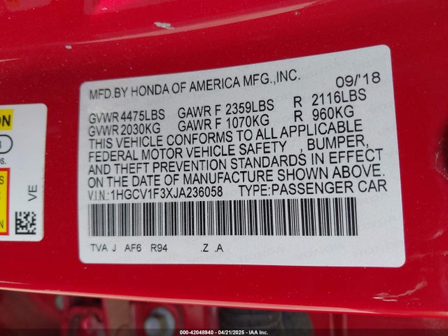 1HGCV1F3XJA236058 Honda Accord Sport