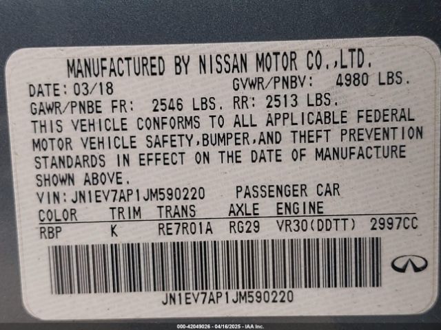JN1EV7AP1JM590220 Infiniti Q50 3.0t Luxe