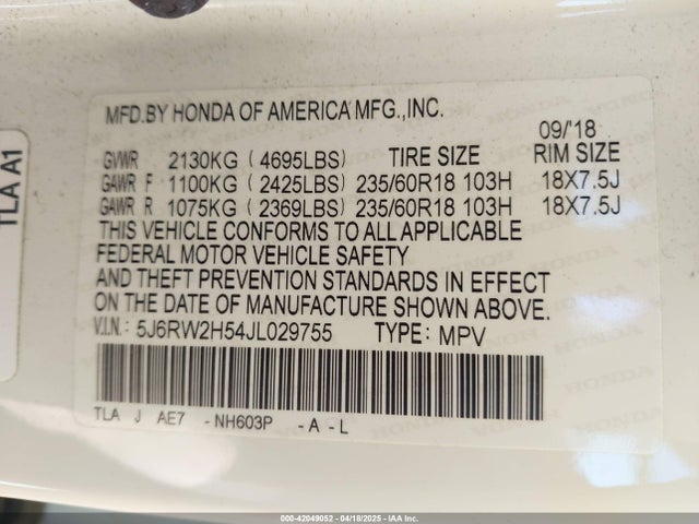 5J6RW2H54JL029755 Honda CR-V EX