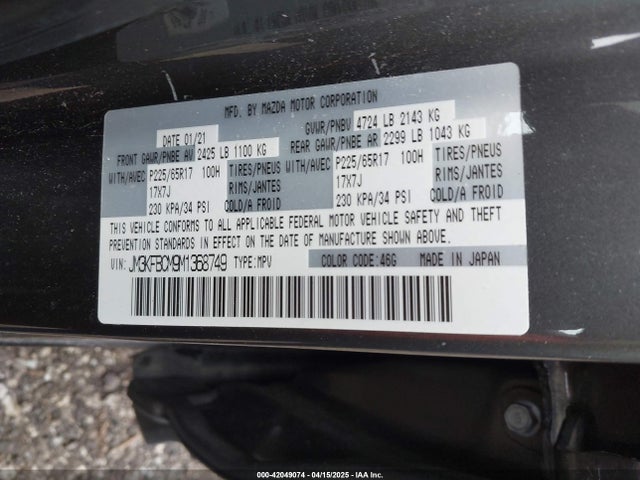 42049074 :رقم المزاد ، JM3KFBCM9M1368749 vin ، 2021 Mazda Cx-5 Touring مزاد بيع