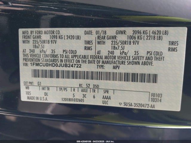 1FMCU0HD0JUB24722 Ford ESCAPE SEL