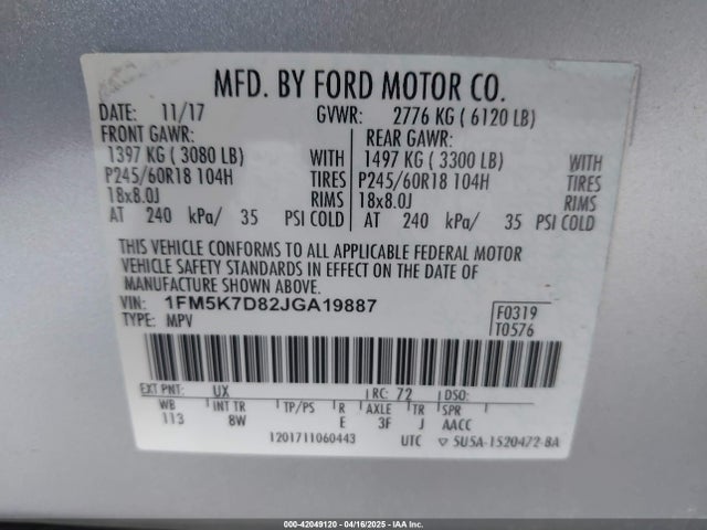 1FM5K7D82JGA19887 Ford EXPLORER XLT