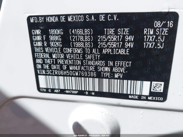 3CZRU6H50GM769386 Honda HR-V EX