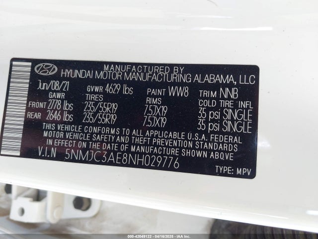 5NMJC3AE8NH029776 Hyundai TUCSON SEL