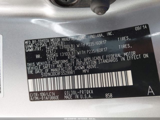 5TDYK3DC8FS529981 Toyota Sienna Xle 8 Passenger