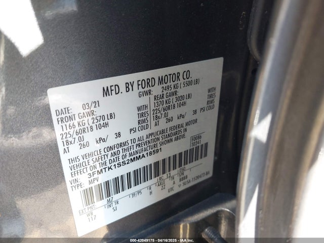 3FMTK1SS2MMA18591 Ford 2021