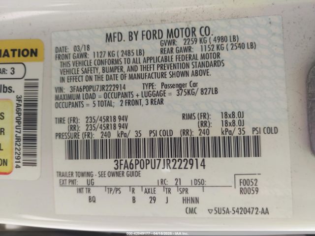 3FA6P0PU7JR222914 Ford Fusion Energi Se Luxury