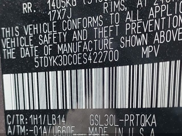 5TDYK3DC0ES422700 Toyota Sienna Xle V6 8 Passenger