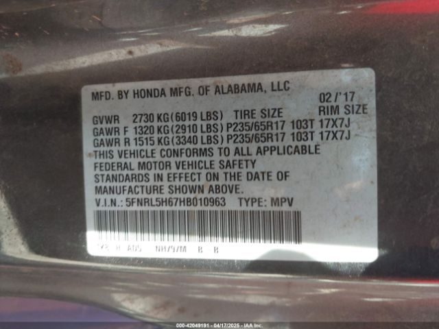 5FNRL5H67HB010963 Honda Odyssey Ex-l