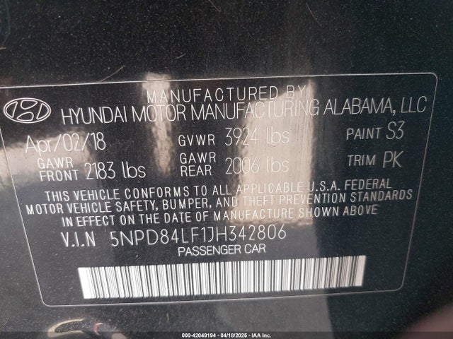 5NPD84LF1JH342806 Hyundai Elantra Value Edition