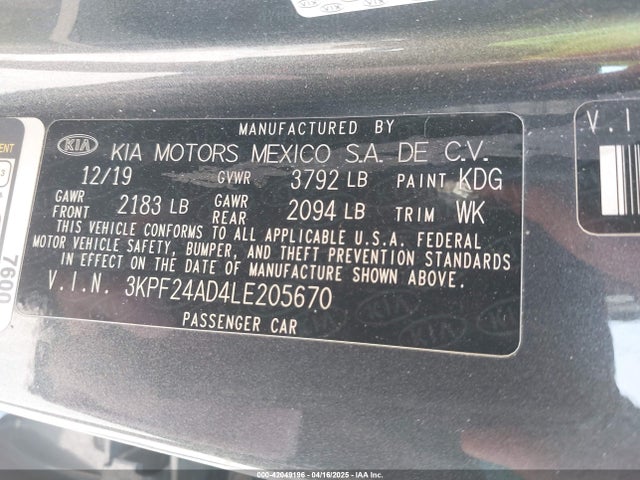 3KPF24AD4LE205670 KIA FORTE FE