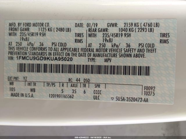 2019 FORD ESCAPE 1FMCU9GD9KUA95020 Photo 8