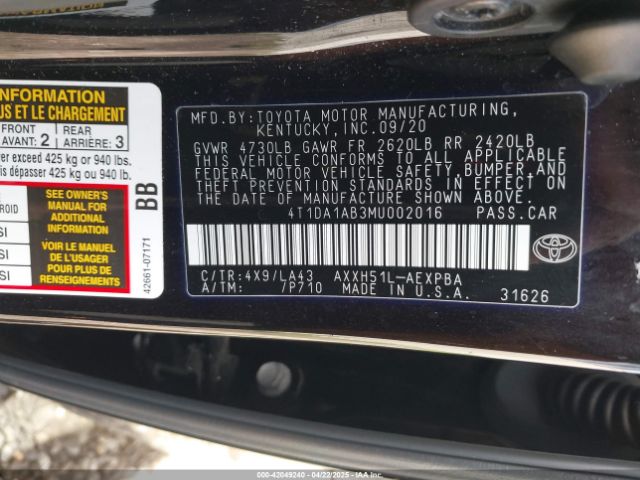 4T1DA1AB3MU002016 Toyota Avalon Limited Hybrid