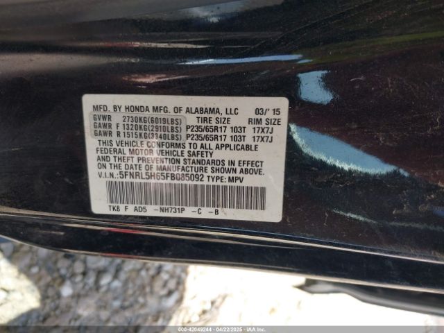 5FNRL5H65FB085092 Honda Odyssey Ex-l