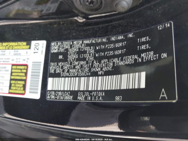 5TDYK3DC9FS566344 Toyota Sienna Xle 8 Passenger