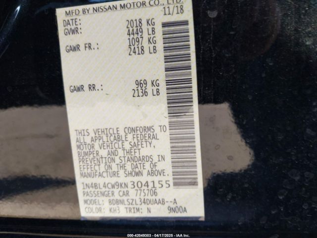 1N4BL4CW9KN304155 Nissan Altima 2.5 Sr