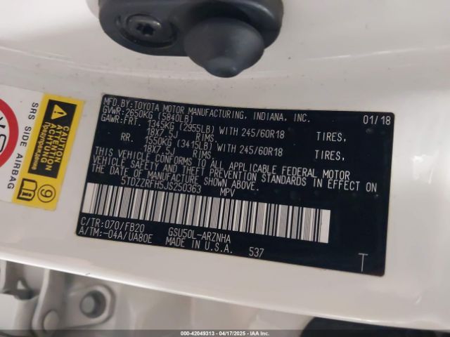 5TDZZRFH5JS250363 Toyota Highlander Le