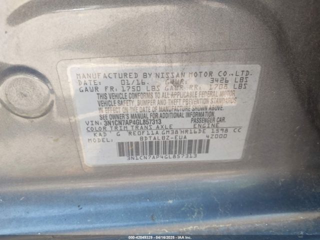 3N1CN7AP4GL857313 Nissan Versa 1.6 S/1.6 S+/1.6 Sl/1.6 Sv