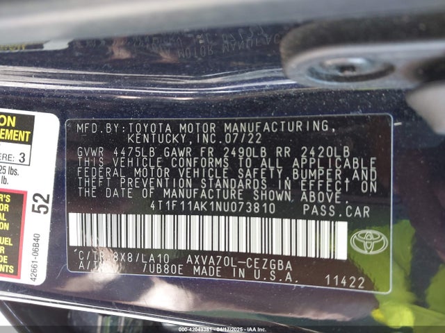 4T1F11AK1NU073810 Toyota CAMRY XLE