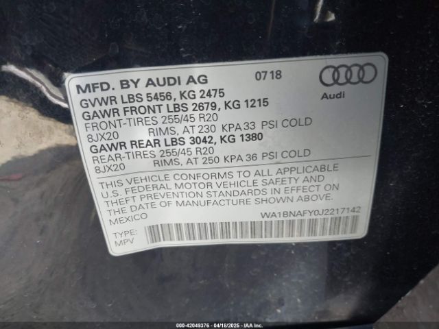 2018 AUDI Q5 WA1BNAFY0J2217142 Photo 8