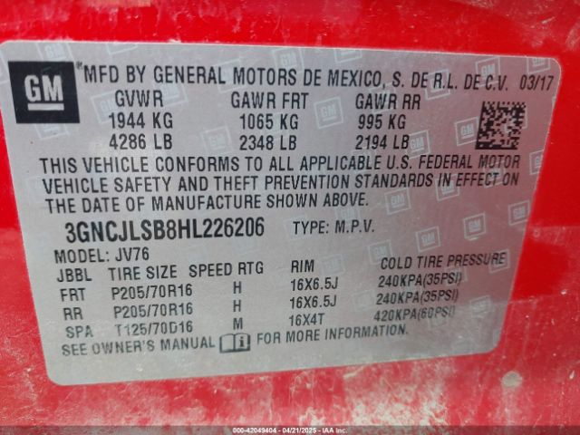 3GNCJLSB8HL226206 Chevrolet Trax Lt