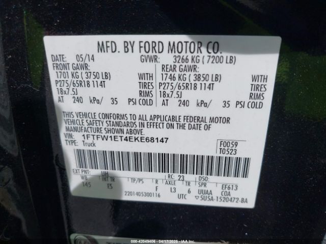1FTFW1ET4EKE68147 Ford F-150 Lariat
