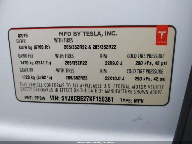 5YJXCBE27KF150381 Tesla Model X 100d/75d/long Range