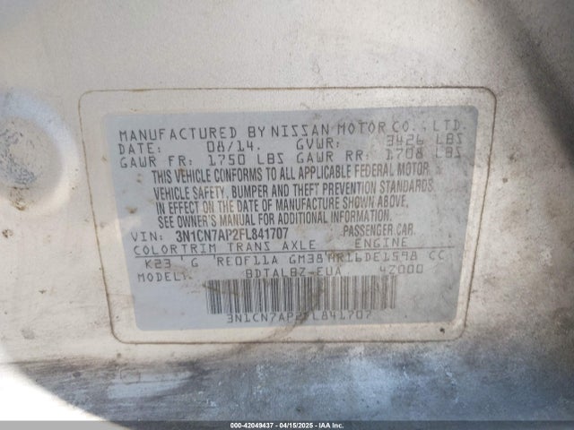 3N1CN7AP2FL841707 Nissan Versa 1.6 S/1.6 S+/1.6 Sl/1.6 Sv