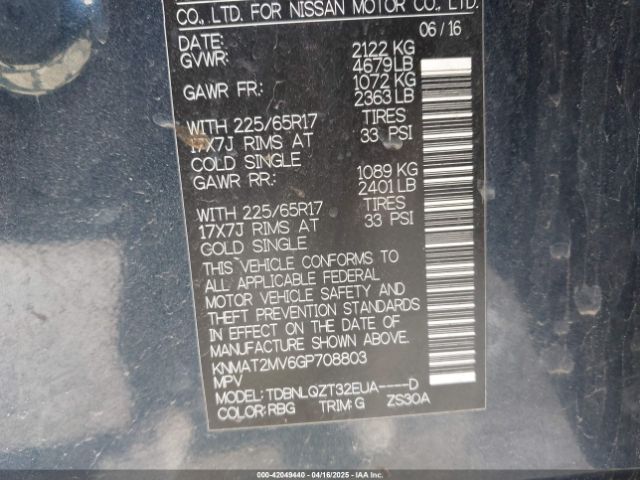 KNMAT2MV6GP708803 Nissan Rogue S/sl/sv