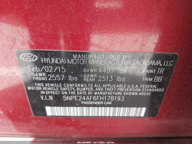 5NPE24AF6FH178193 Hyundai SONATA SE