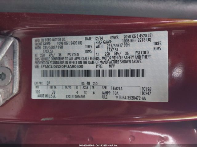 1FMCU0GX0FUA90400 Ford ESCAPE SE