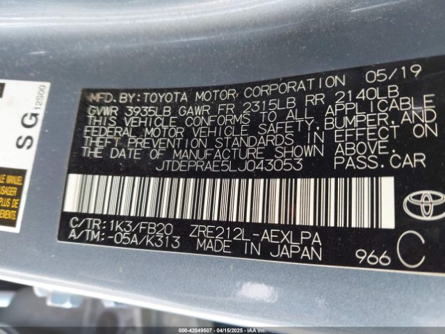 JTDEPRAE5LJ043053 Toyota COROLLA LE