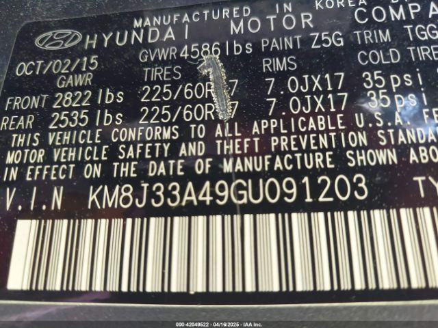KM8J33A49GU091203 Hyundai TUCSON SE