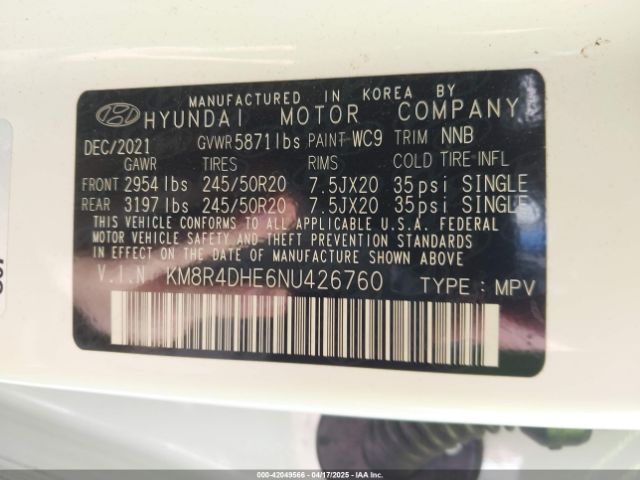 KM8R4DHE6NU426760 Hyundai Palisade Sel