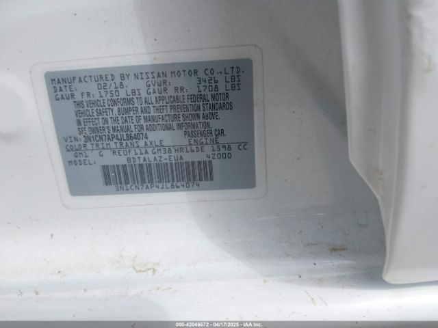 3N1CN7AP4JL864074 Nissan Versa 1.6 S+