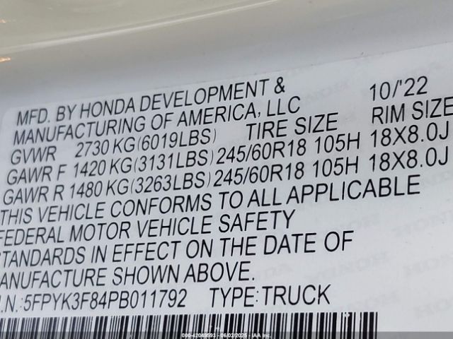 5FPYK3F84PB011792 Honda Ridgeline Black Edition
