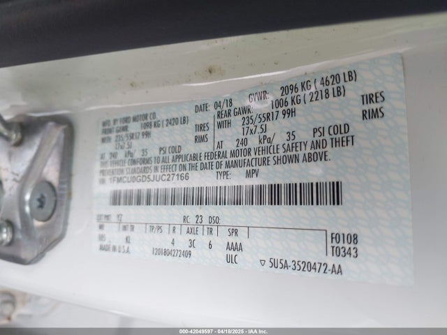 1FMCU0GD5JUC27166 Ford ESCAPE SE