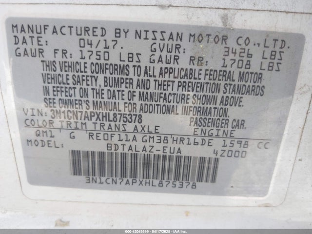 3N1CN7APXHL875378 Nissan Versa 1.6 S+
