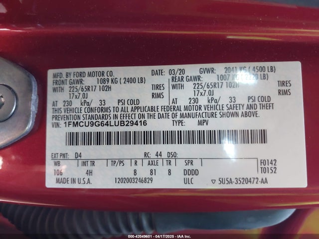 1FMCU9G64LUB29416 Ford ESCAPE SE