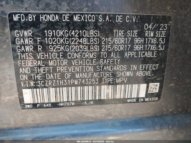 3CZRZ1H31PM743253 Honda Hr-v 2wd Lx