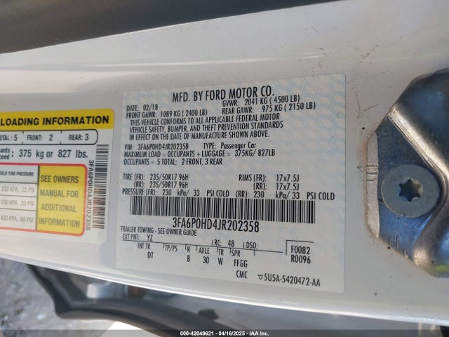 3FA6P0HD4JR202358 Ford FUSION SE
