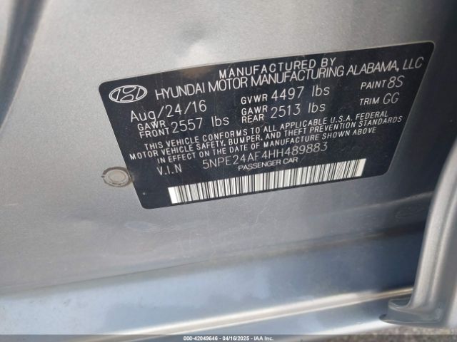 5NPE24AF4HH489883 Hyundai 2017