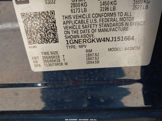 1GNERGKW4NJ151664 Chevrolet Traverse Fwd Lt Cloth