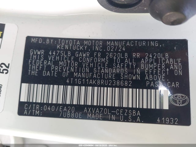 4T1G11AK8RU238682 Toyota CAMRY SE