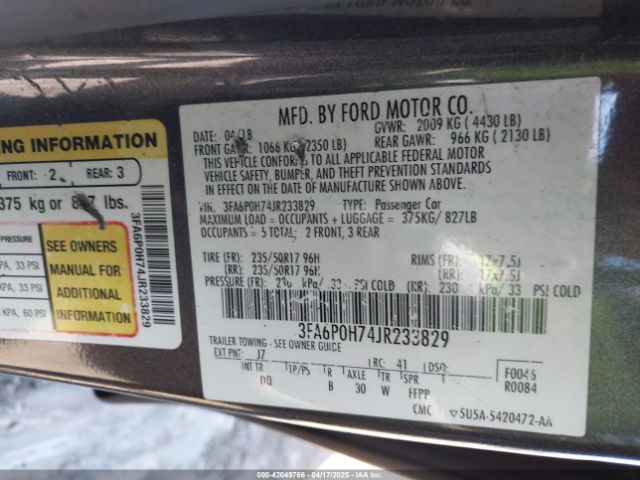 3FA6P0H74JR233829 Ford FUSION SE